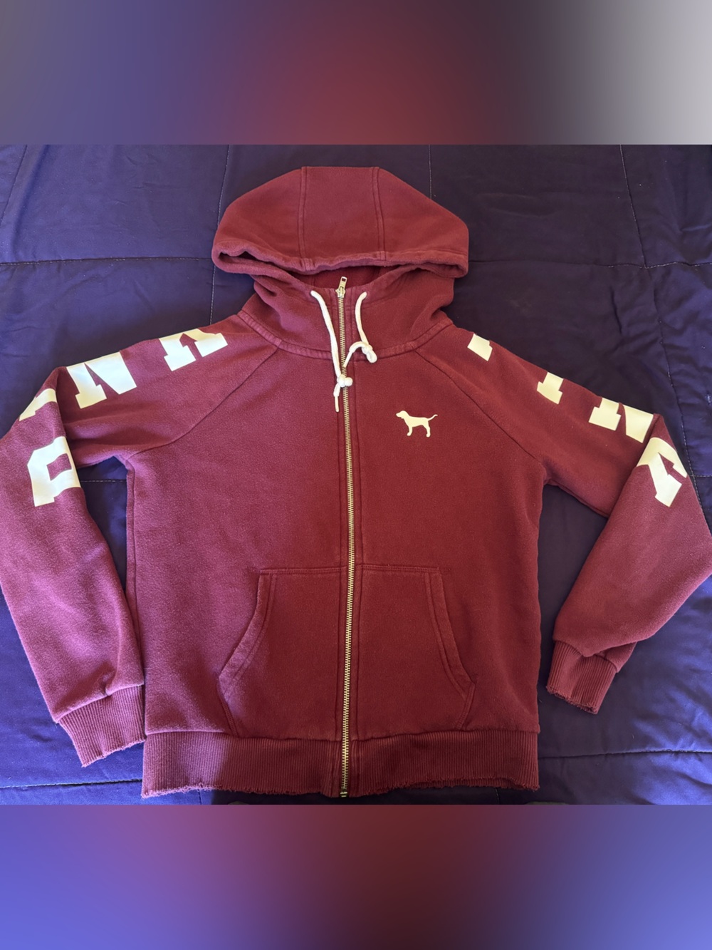 PINK Victoria's Secret Burgundy Zip Hoodie with White Trim EUC